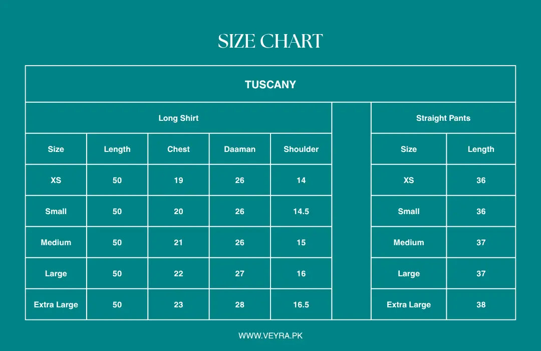 Size Chart for Tuscany
