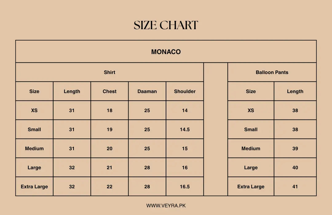 Size Chart for Monaco