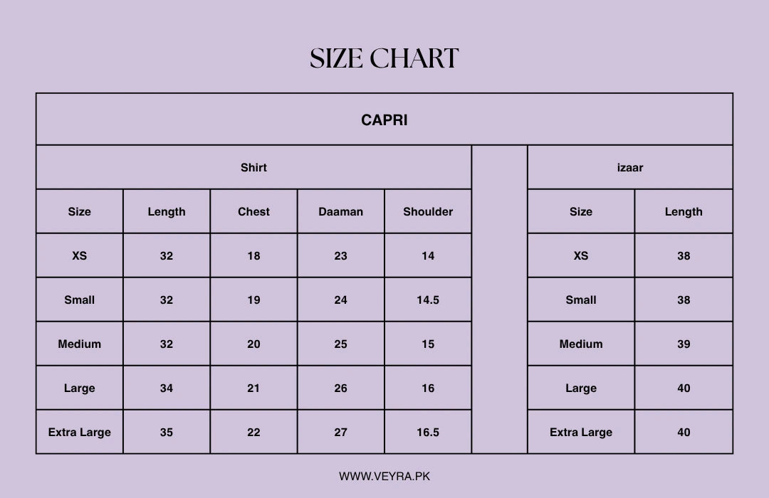 Size Chart for Capri
